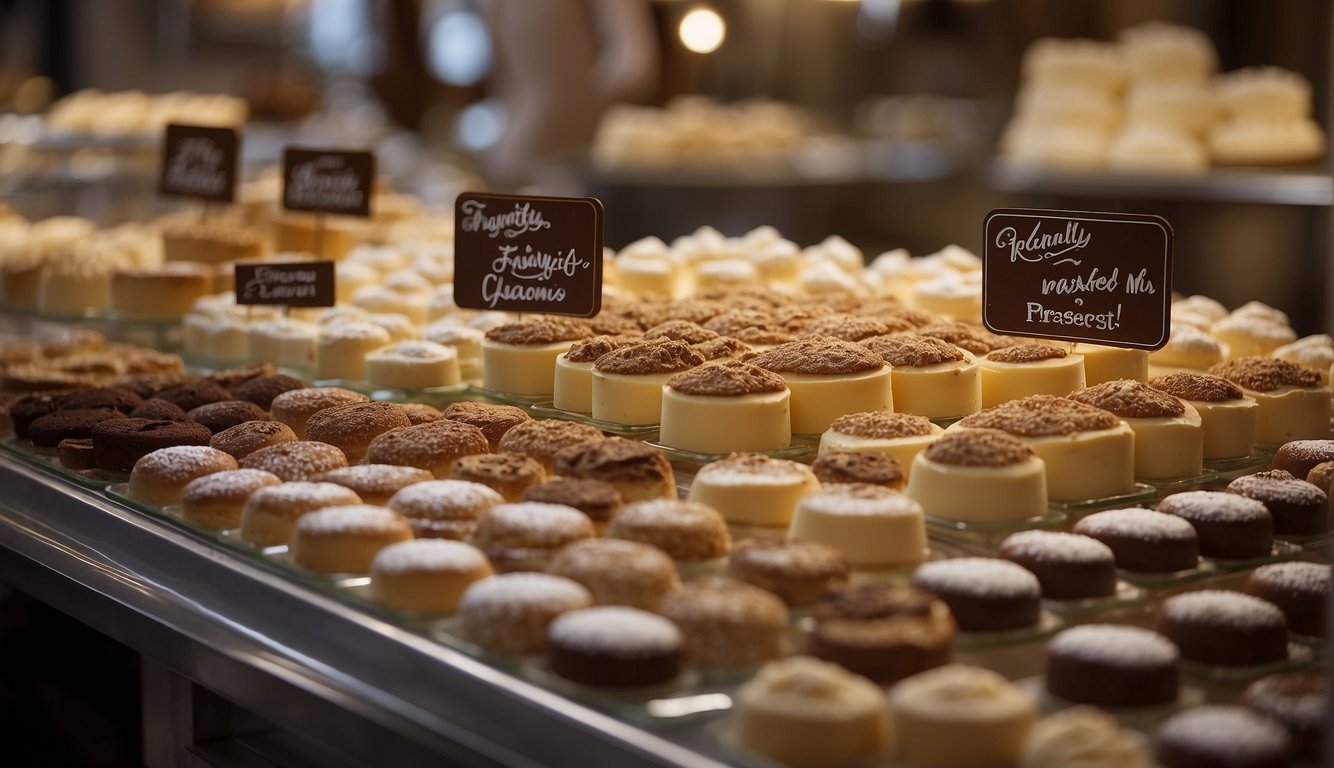 A display of various tiramisù desserts with a sign reading "Frequently Asked Questions Milan best tiramisù" in a bustling Italian bakery