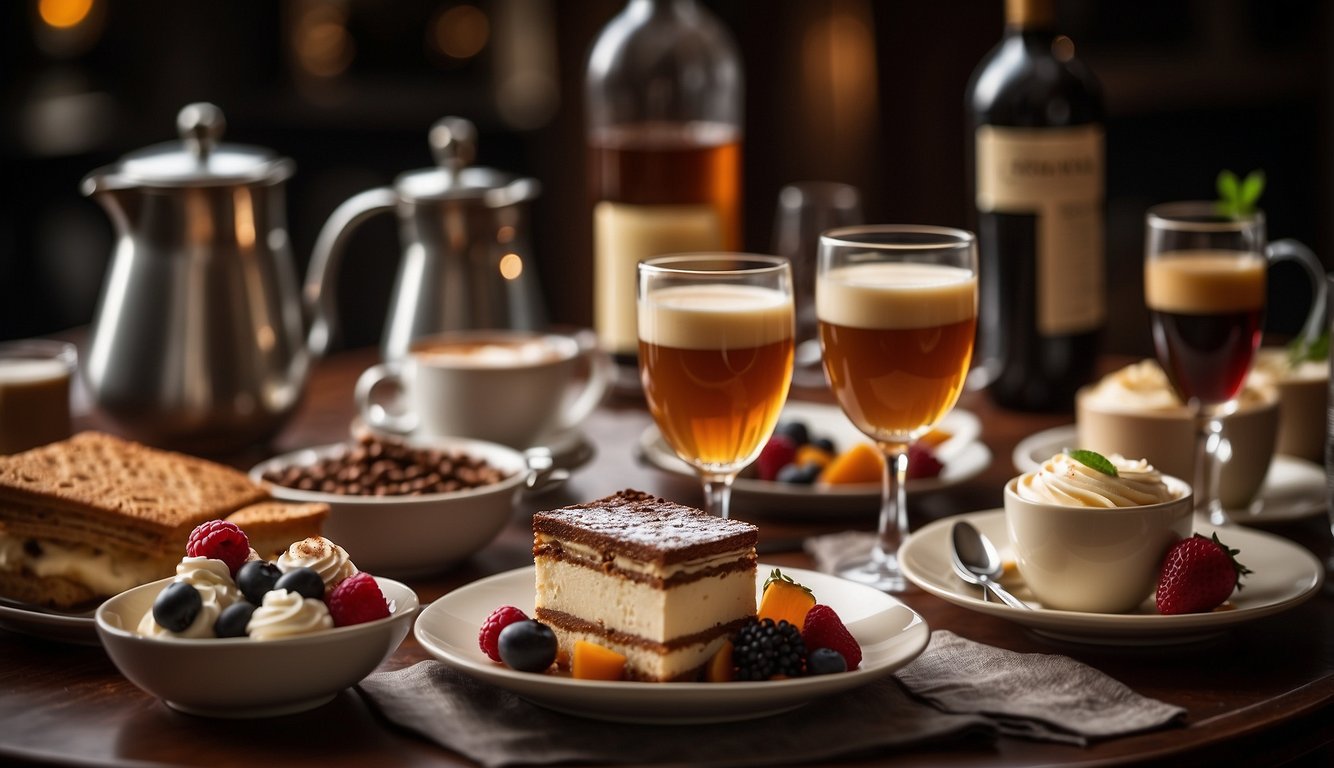 A table set with a decadent tiramisù and a variety of beverages, including coffee, wine, and liqueurs, creating the perfect pairing for a delightful evening in Milan