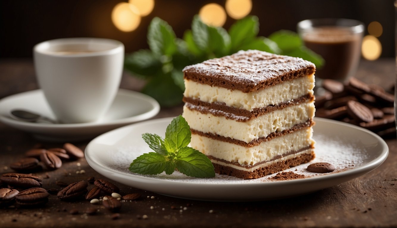 A decadent tiramisù sits on a delicate plate, adorned with a dusting of cocoa powder and a sprig of fresh mint. The creamy layers of mascarpone and coffee-soaked ladyfingers beckon the viewer to indulge