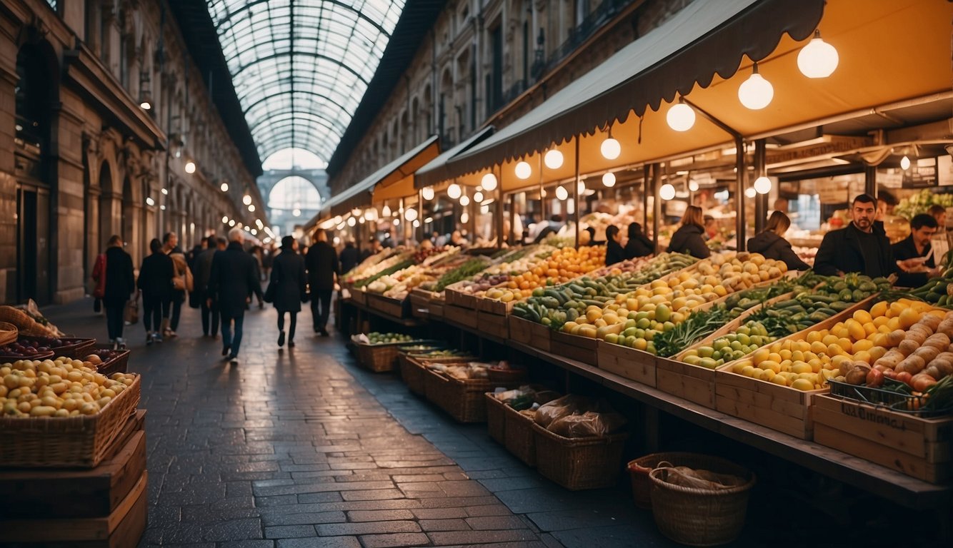 A bustling food market in Milan with colorful stalls and tantalizing aromas, surrounded by historic architecture and hidden alleyways