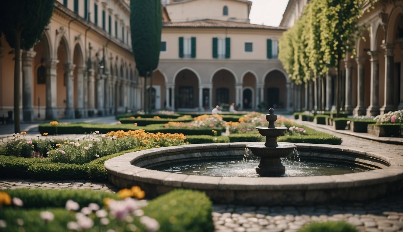 A serene park with a hidden fountain, cobblestone paths, and vibrant flowers surrounded by historical architecture in Milan