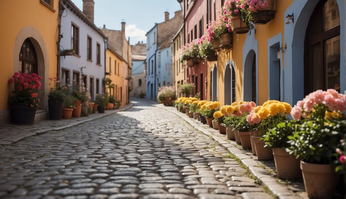 A cobblestone alleyway lined with colorful buildings and blooming flowers, leading to a hidden courtyard with a picturesque fountain
