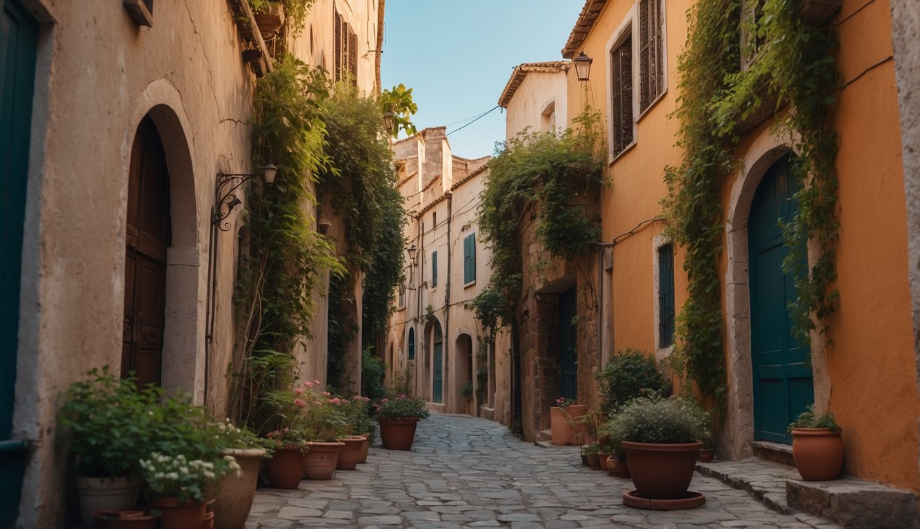 A narrow alleyway lined with colorful, weathered buildings. Vines crawl up the walls, framing a hidden courtyard with a trickling fountain