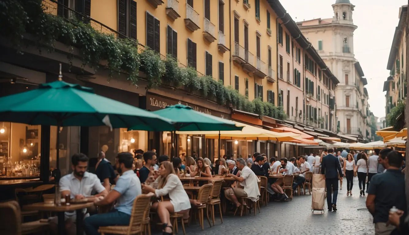 A bustling Milanese street lined with trendy bars, colorful umbrellas, and lively crowds enjoying the best aperitivo deals
