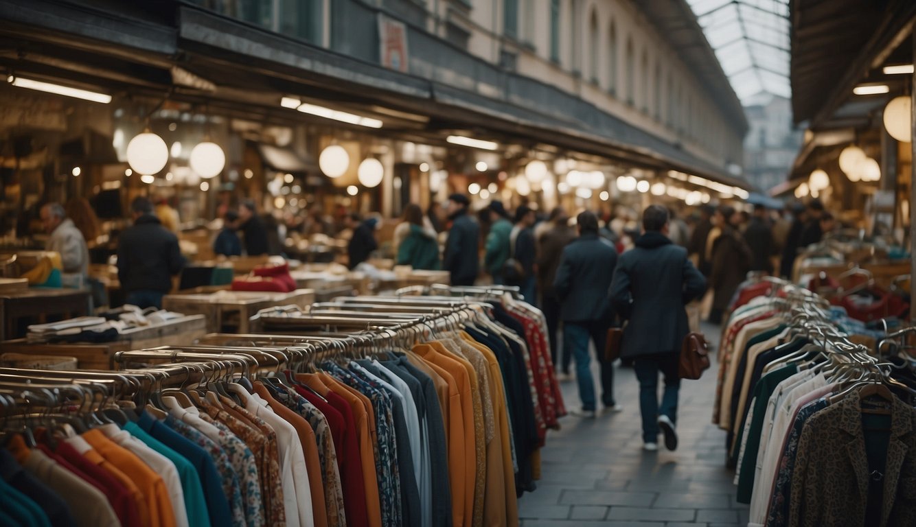 A bustling second-hand market in Milan, with racks of vintage clothing and tables of accessories. Shoppers browse through colorful garments and unique finds