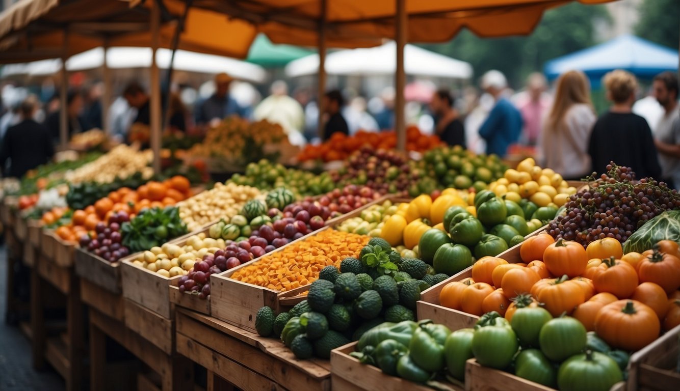 Colorful stalls display a variety of fresh produce and artisanal goods at the bustling street market in Milan. Aromas of Italian cuisine fill the air as vendors engage with eager shoppers