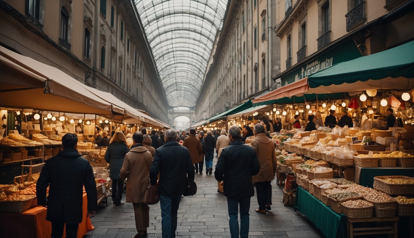 A bustling market in Milan, filled with vintage collectibles and handmade crafts. Vendors display their wares under colorful awnings, while shoppers browse the eclectic array of items