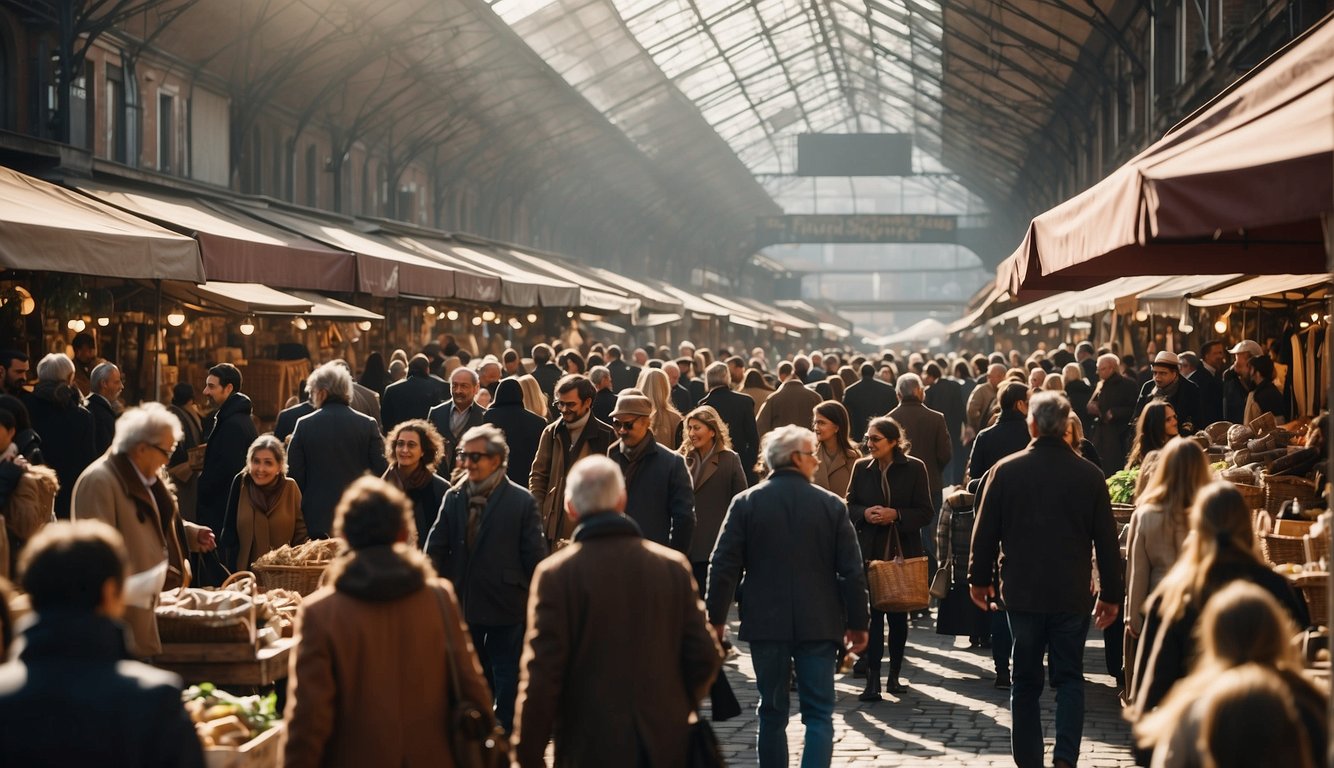 Crowded Milan market, filled with vintage clothes and antiques. People browse, carrying reusable bags and chatting. Solar panels line the market, powering the stalls