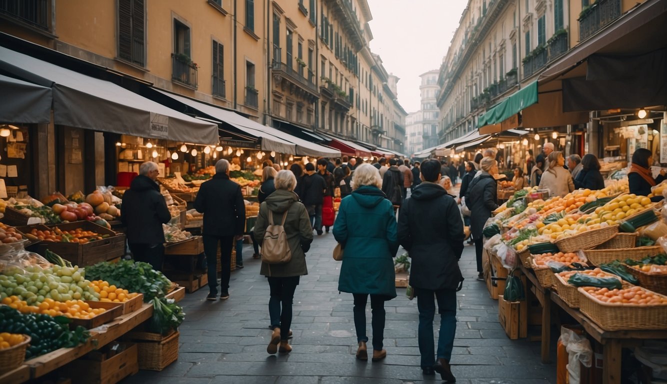A bustling street market in Milan with colorful stalls and people browsing items. Signs read "Second-hand" and "Frequently Asked Questions."