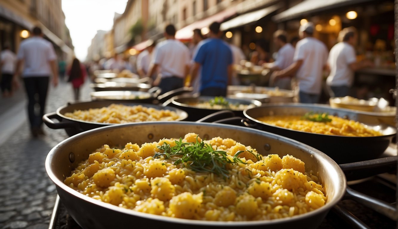 A bustling street lined with food stalls, featuring sizzling pans of risotto, bubbling pots of polenta, and plates of golden-fried arancini. Aromas of garlic, herbs, and cheese fill the air