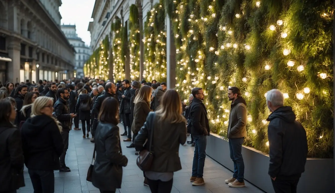 Crowds gather around innovative installations at Milan Design Week. Bright lights and modern designs fill the streets, creating a vibrant and bustling atmosphere