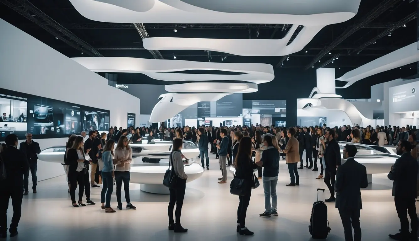 A bustling exhibition hall with futuristic furniture and interactive displays, surrounded by crowds of enthusiastic attendees at Milan Design Week