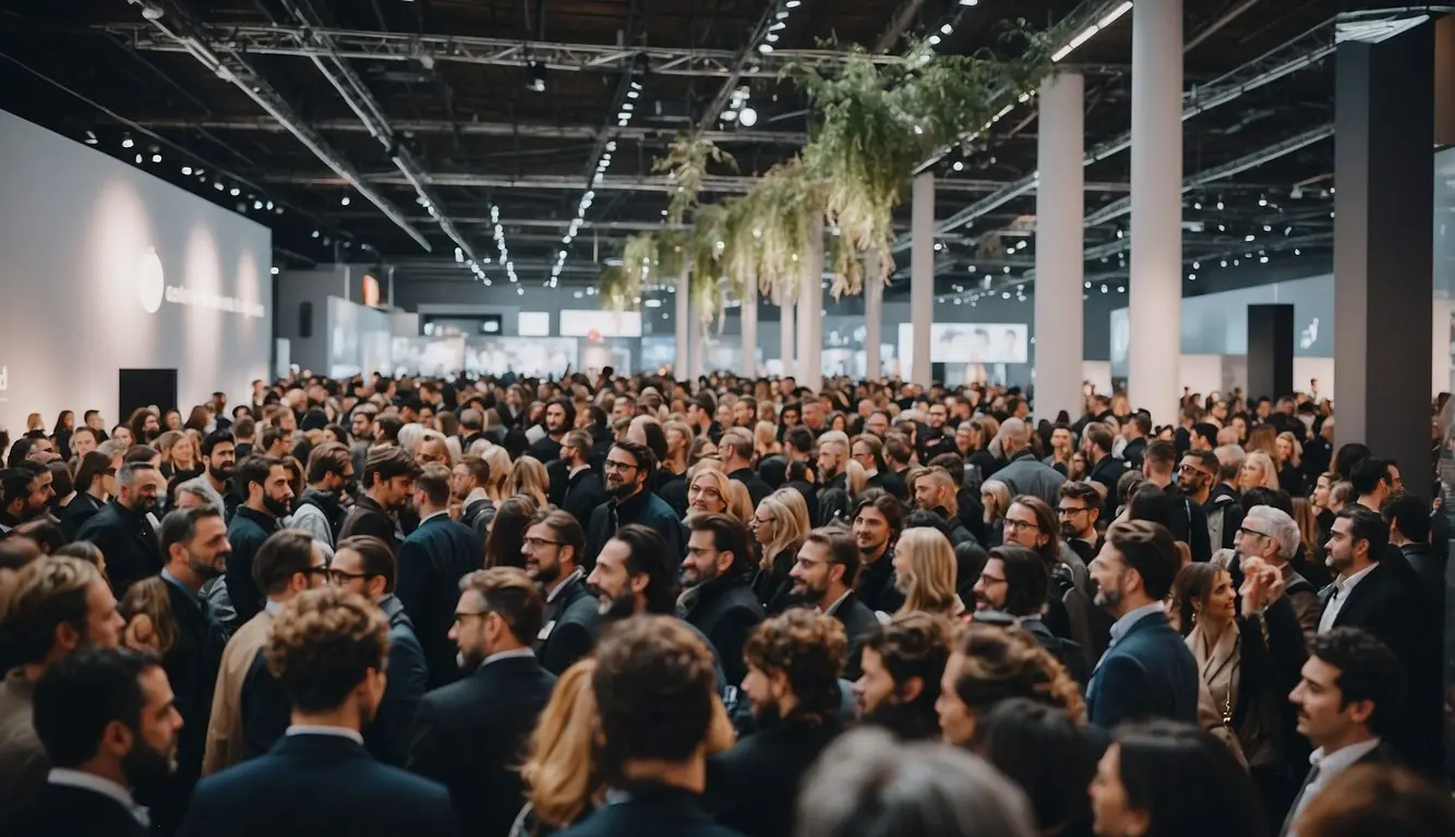 A bustling crowd explores innovative designs at Milan Design Week's Design in Practice Free events