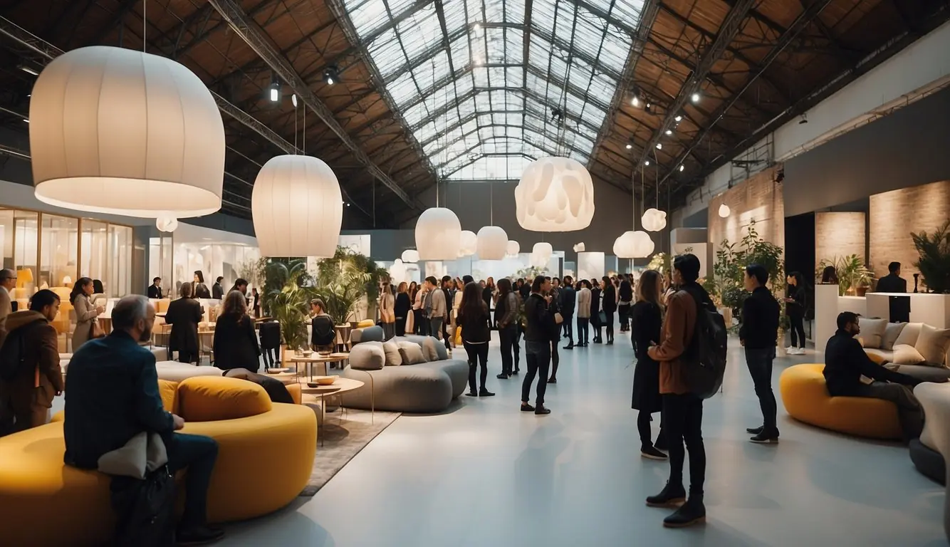 A bustling exhibition hall filled with modern furniture, vibrant textiles, and innovative lighting installations. Attendees mingle and admire the latest design trends at Milan Design Week