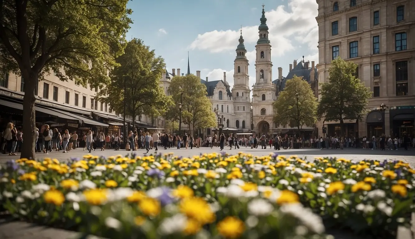 A bustling city square filled with interactive installations, vibrant displays, and engaging workshops, all showcasing innovative and sustainable designs