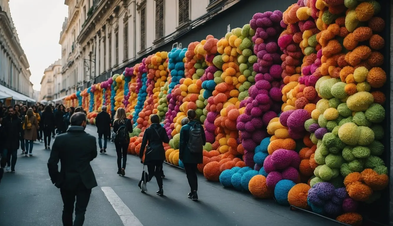 A bustling street filled with colorful and innovative design installations, with people engaging in free events during Milan Design Week