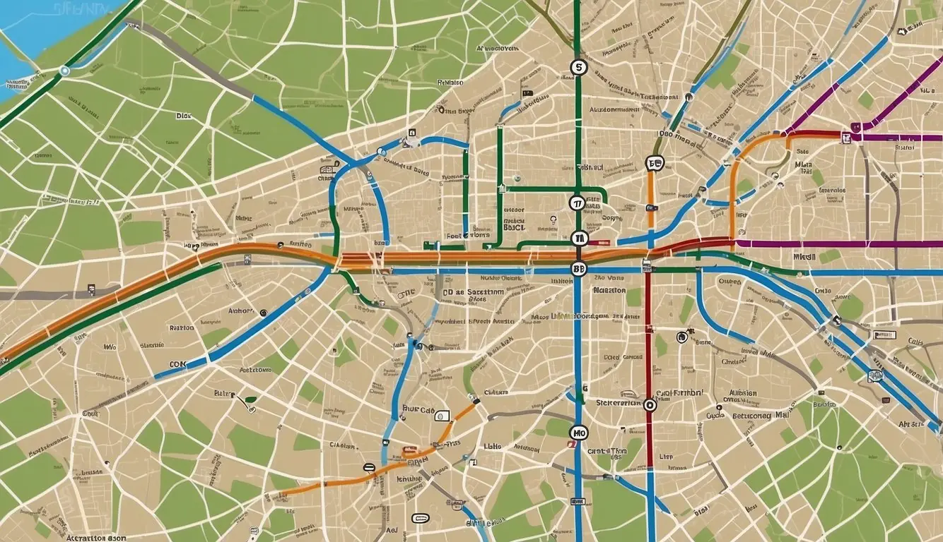 A map of Milan's public transportation system with clear routes and landmarks, including subway, tram, and bus lines
