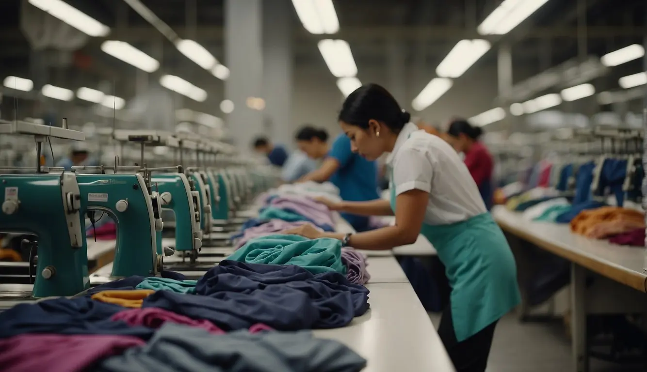 A bustling factory floor with rows of sewing machines and workers producing clothing at a rapid pace. Piles of colorful fabric and finished garments fill the space