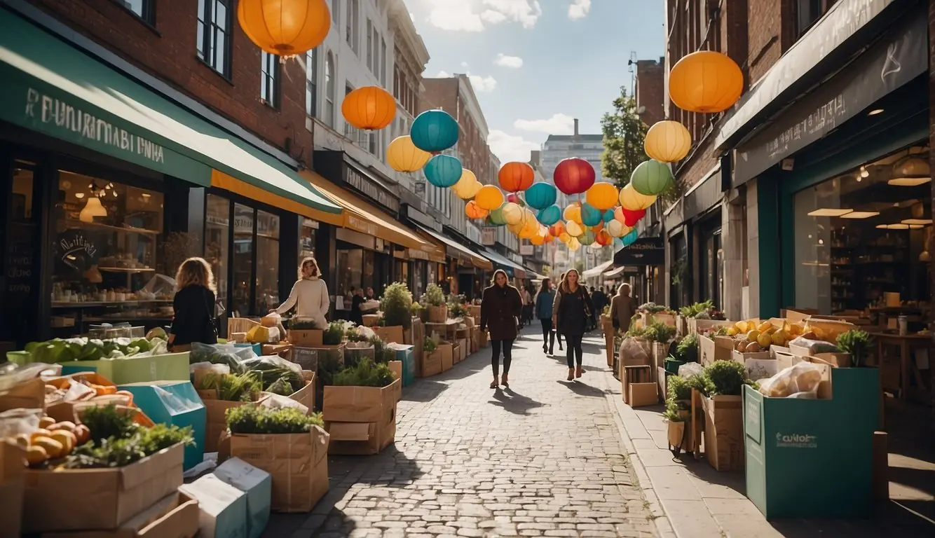 A bustling city street with eco-friendly pop-up shops and recycled materials. Brightly colored banners promote sustainable fashion alternatives
