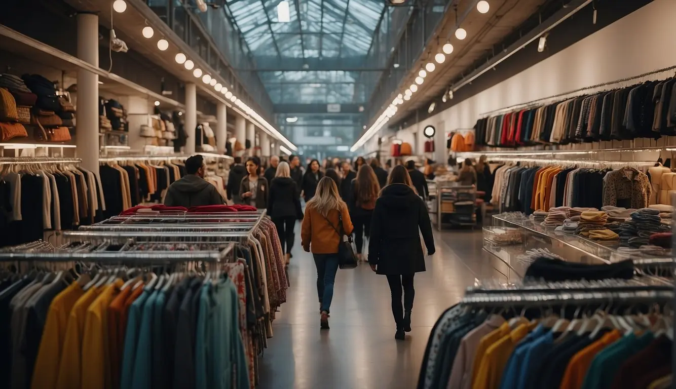 A bustling marketplace with colorful, budget-friendly clothing displays. A crowd of shoppers examines racks of trendy, affordable fashion items
