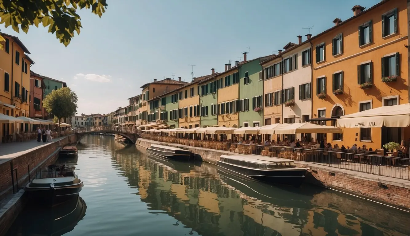 The Navigli canal is lined with colorful buildings and bustling with outdoor cafes, reflecting the vibrant cultural significance of the area