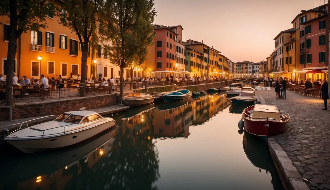 The sun sets over the Navigli canal, casting a warm glow on the water and the colorful buildings lining the banks. Boats are moored along the edges, and people gather at outdoor cafes, enjoying the picturesque scene