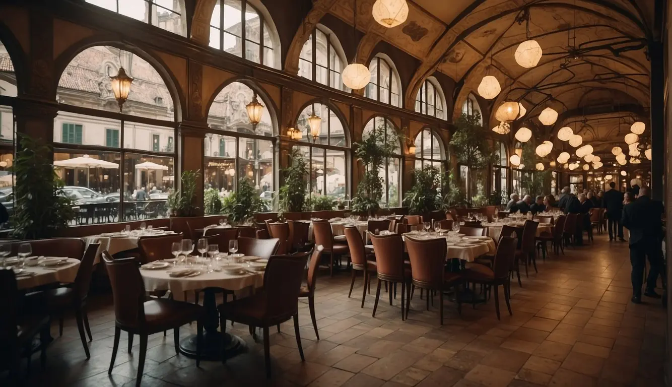 Historic Milanese restaurants bustling with diners, adorned with ornate architecture and vintage decor, emanating a warm and inviting atmosphere