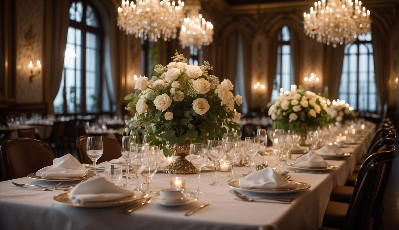 Tables set with fine linens and sparkling glassware in a historic Milanese restaurant. Ornate chandeliers illuminate the elegant dining room
