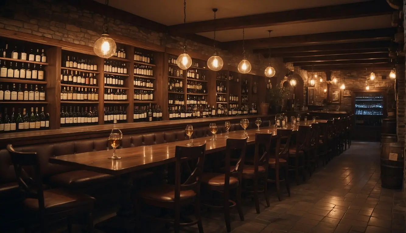 A cozy, dimly lit restaurant with shelves of vintage wines and shelves of various beverages. The atmosphere is rich with history and tradition