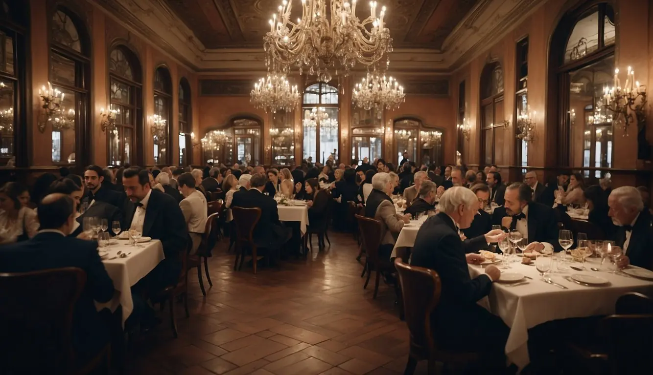 A bustling historic restaurant in Milan with ornate decor and a diverse crowd enjoying traditional Italian cuisine