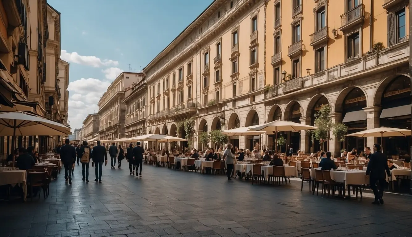 A bustling street in Milan lined with historic restaurants, each exuding its own unique charm and culinary tradition