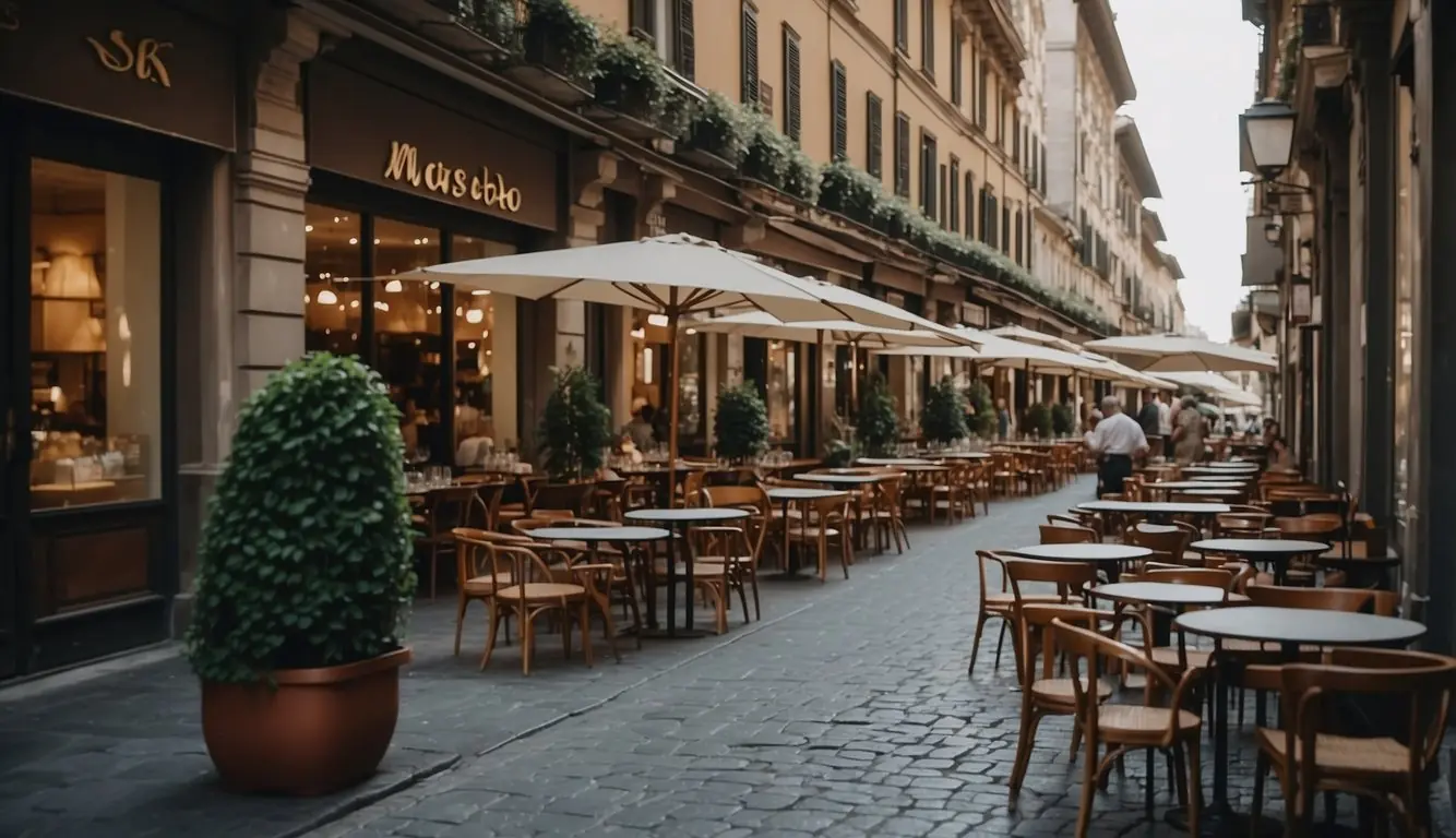 A bustling street in Milan lined with historic restaurants and cafes, their charming facades and outdoor seating inviting passersby to stop and indulge in the city's culinary delights