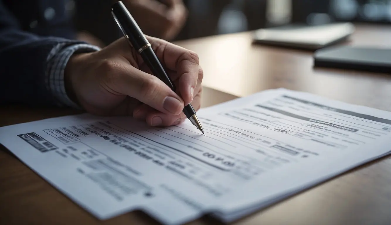 A hand fills out a registration form for a startup, with a pen resting on top of the paper