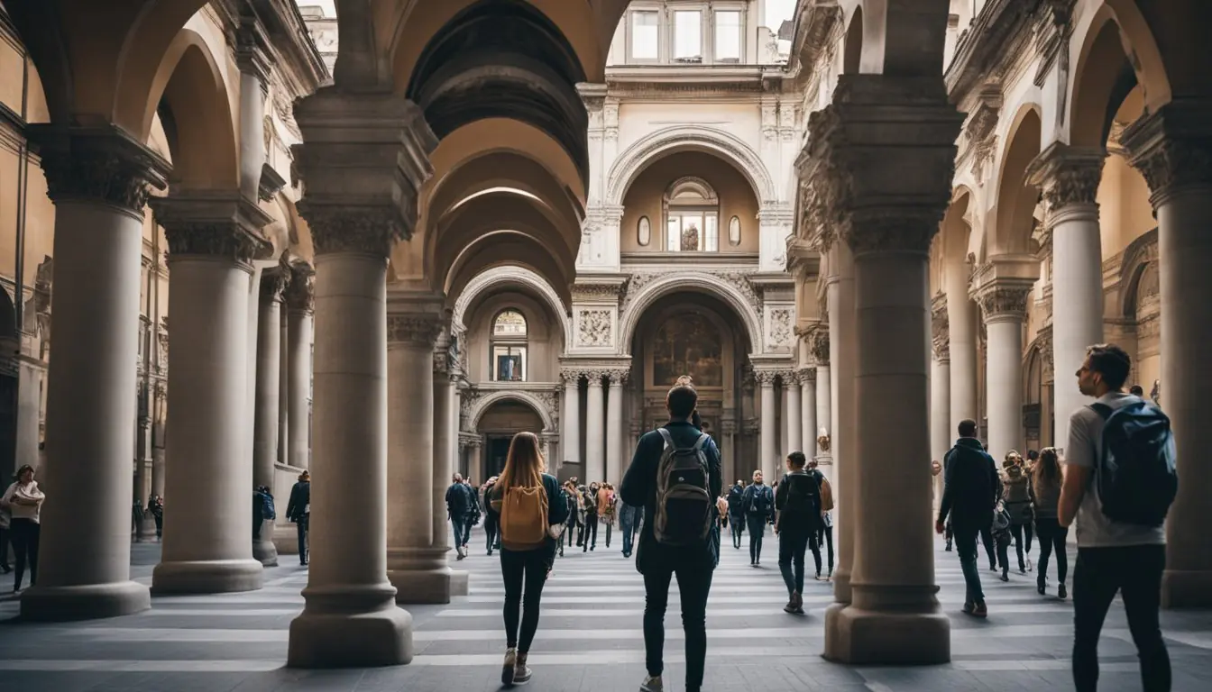 Tourists explore ancient cathedrals and palazzos in Milan's historic district. A guide leads a group through narrow cobblestone streets, pointing out significant landmarks