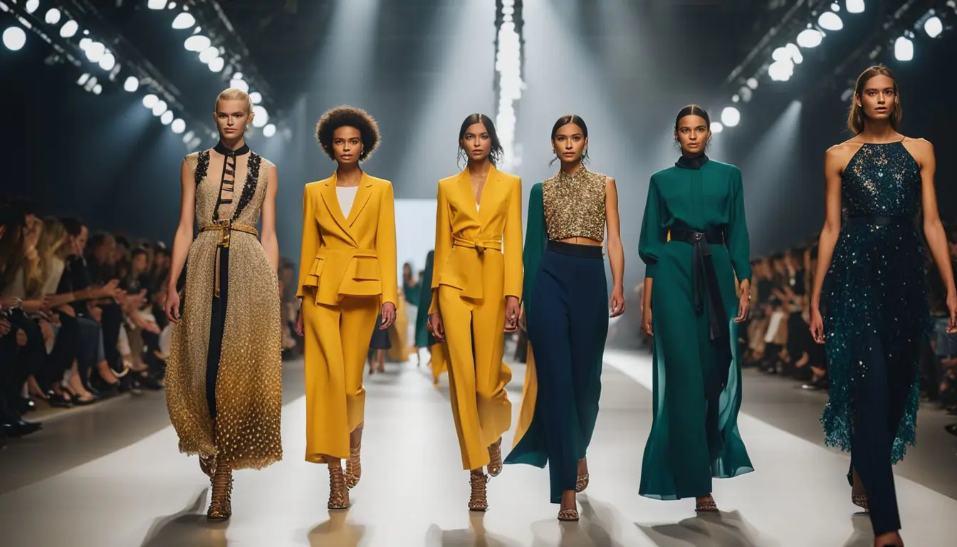 A bustling runway show in Milan, featuring top sustainable fashion designers. Vibrant colors, innovative designs, and eco-friendly materials on display