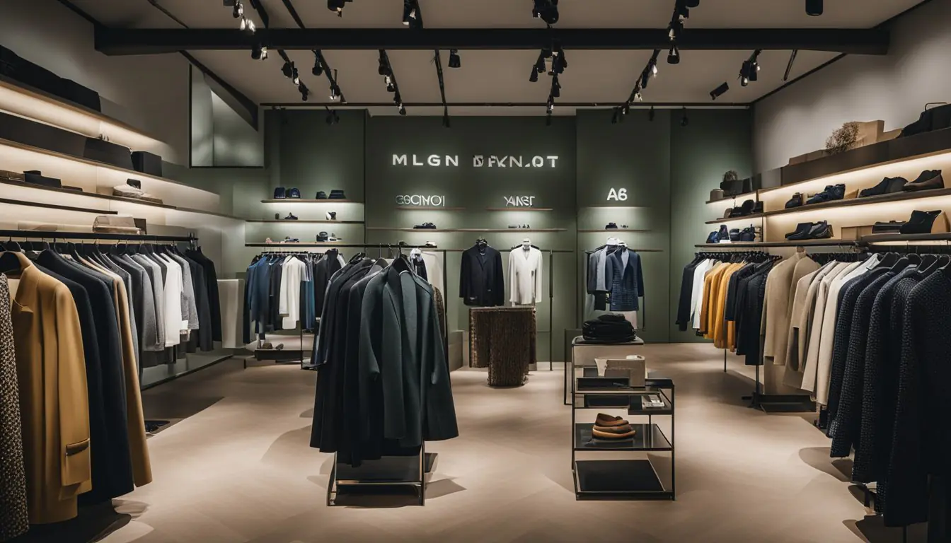 Fashion brands' logos on sustainable clothing displayed in Milan showroom