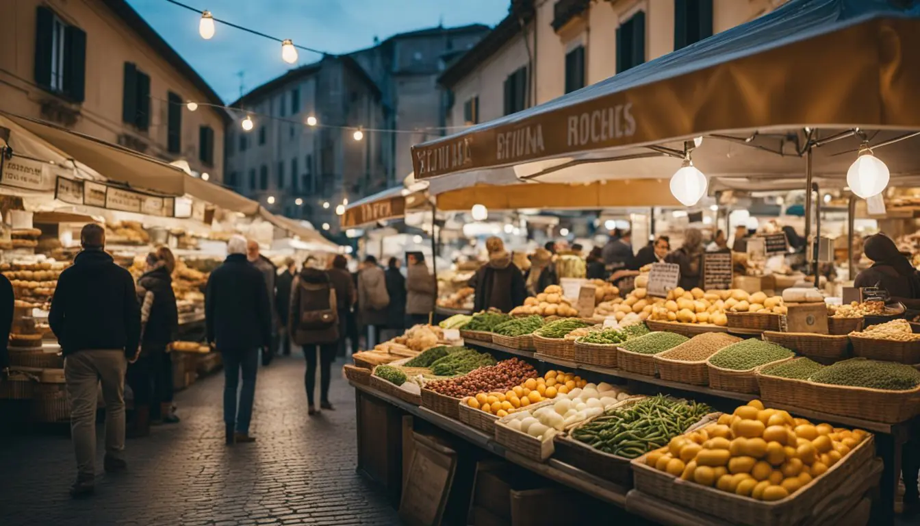 A bustling Italian market with vendors selling traditional Milanese ingredients and customers asking for authentic recipes