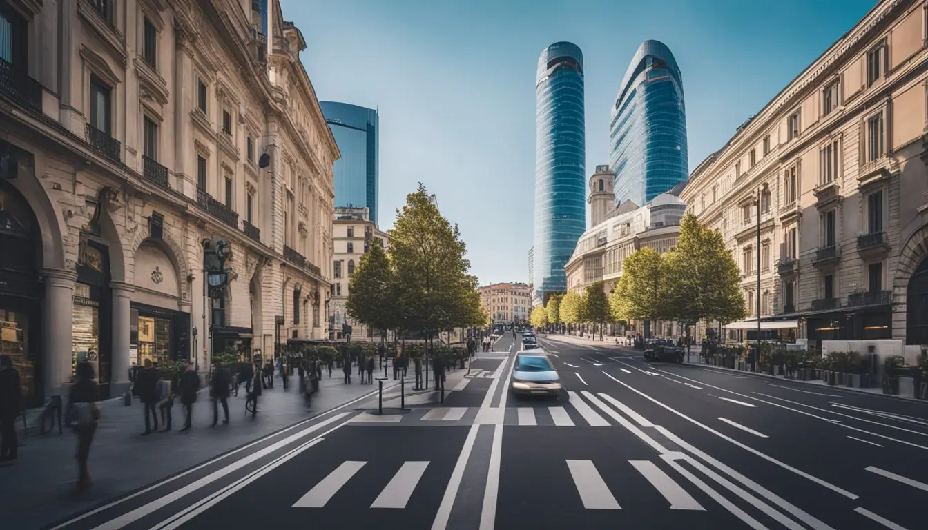 A bustling Milanese street lined with modern office buildings and vibrant storefronts, showcasing the innovative and dynamic environment of local startups