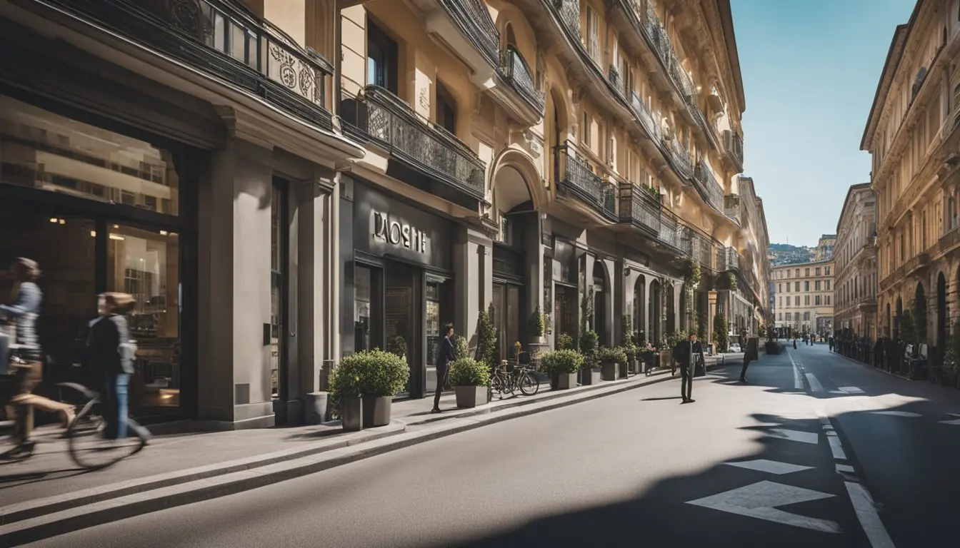 A bustling Milanese street lined with modern office buildings and vibrant storefronts, showcasing the success and innovation of local startups