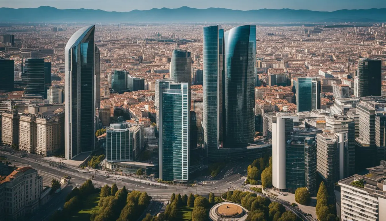 A bustling cityscape with modern skyscrapers and vibrant street life, showcasing innovative tech startups in Milan