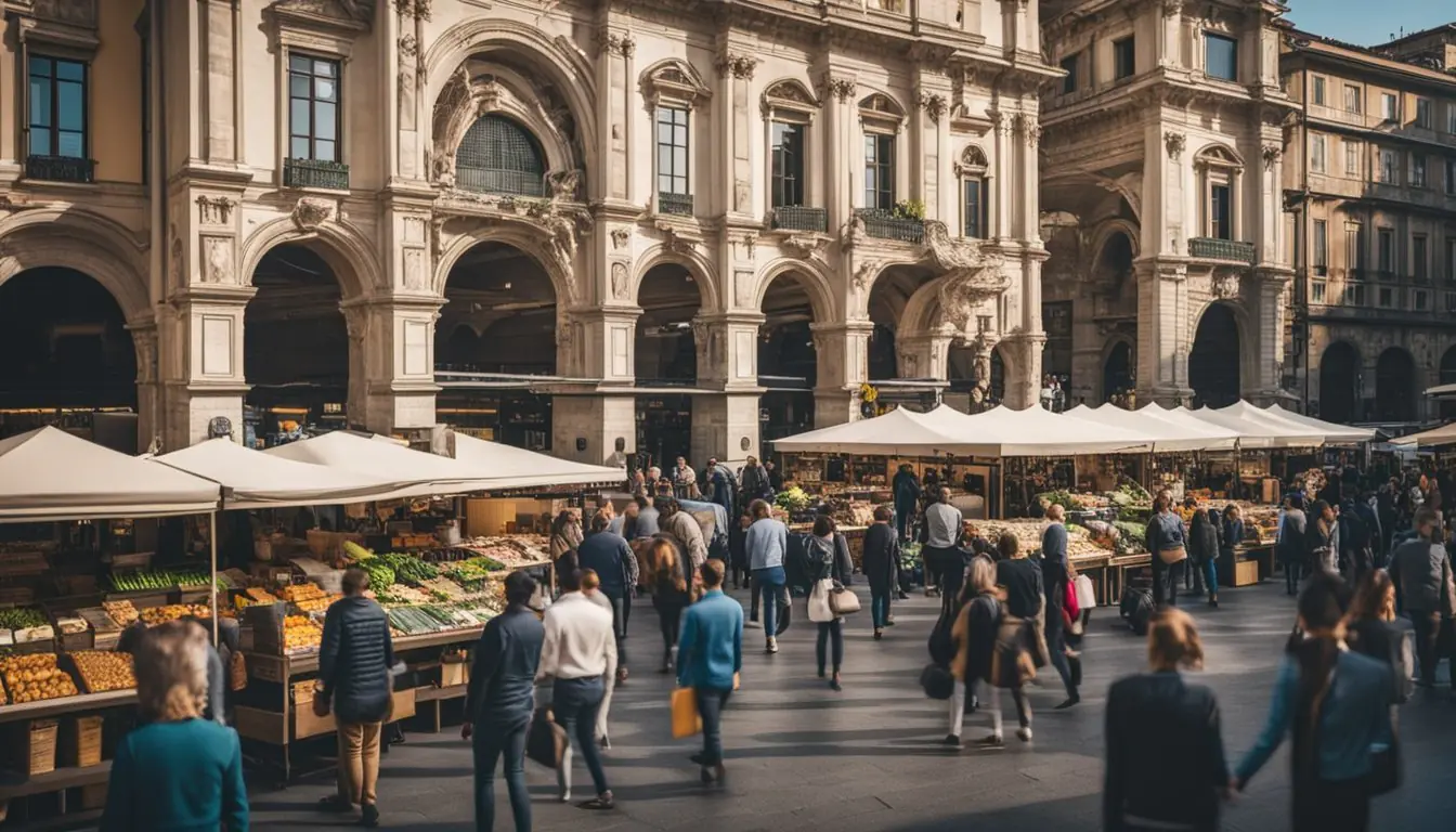 A bustling market square in Milan, with vibrant startup booths showcasing innovative products and services. Competitors engage in friendly rivalry, while success stories are celebrated