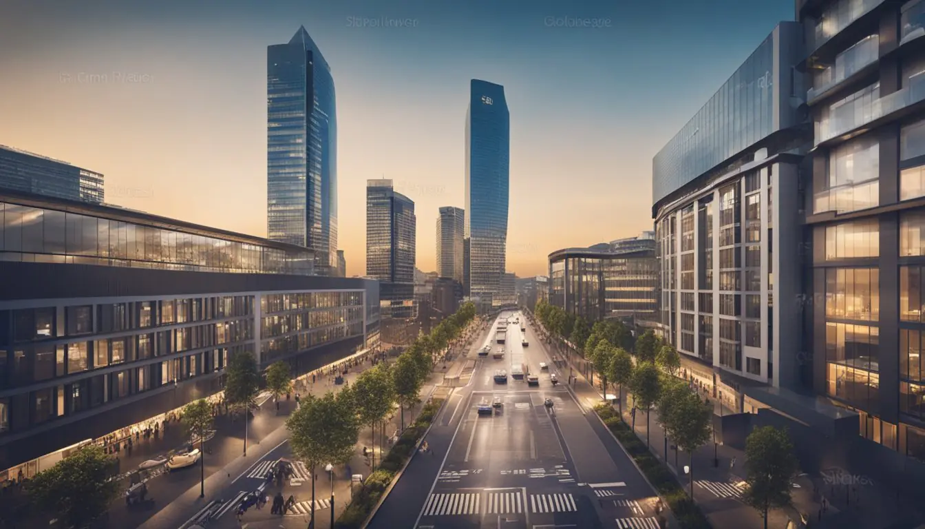 A bustling Milanese street with modern office buildings and vibrant startups. Investors and founders celebrate success with handshakes and smiles