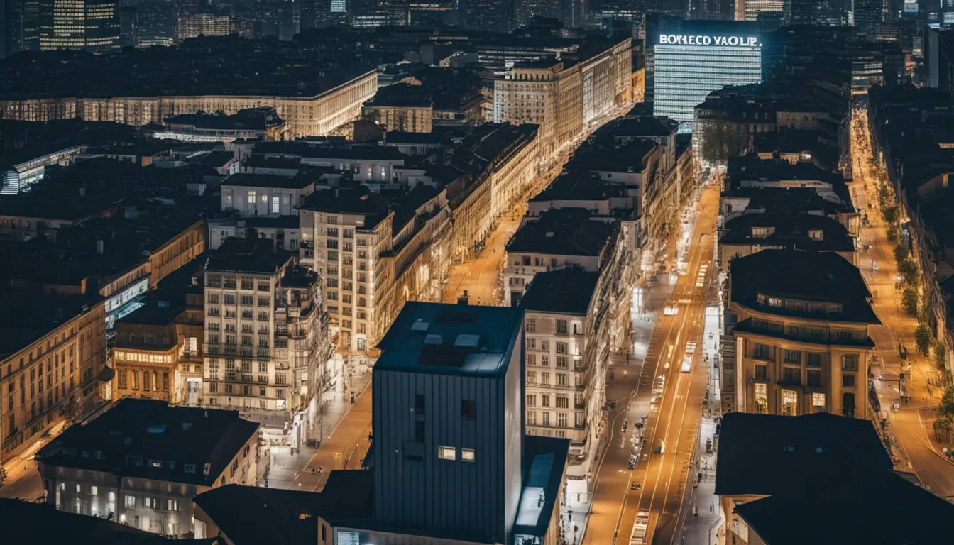 A bustling Milanese cityscape with modern skyscrapers and bustling streets, showcasing the vibrant energy and entrepreneurial spirit of the local startup scene