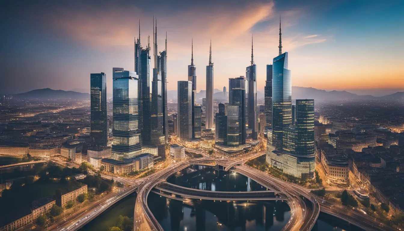 A bustling cityscape with modern skyscrapers and vibrant street scenes, showcasing the growth and success of Milanese startups