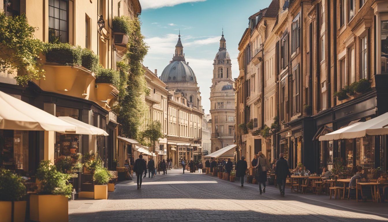 A bustling street lined with historic buildings, vibrant cafes, and art galleries. A mix of modern and traditional architecture creates a dynamic and visually captivating scene for an illustrator to recreate