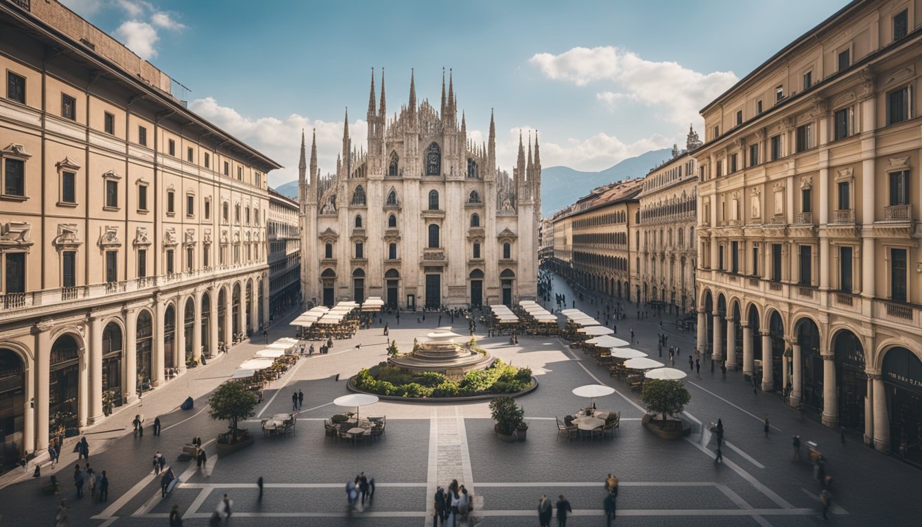 A bustling city square with historic buildings, cobblestone streets, and outdoor cafes. A map of Milan's cultural landmarks is displayed prominently