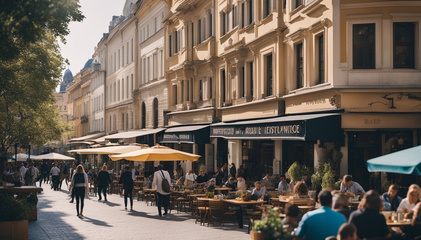 A bustling city square with historic landmarks and modern architecture, surrounded by vibrant cafes and shops