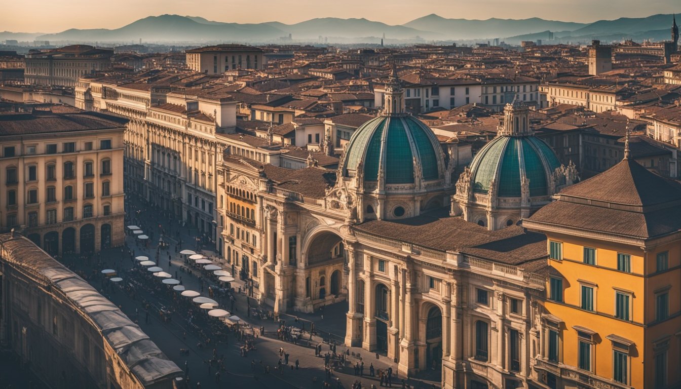 A bustling street lined with historic buildings and art galleries in Milan, Italy. Vibrant colors and intricate architecture fill the scene