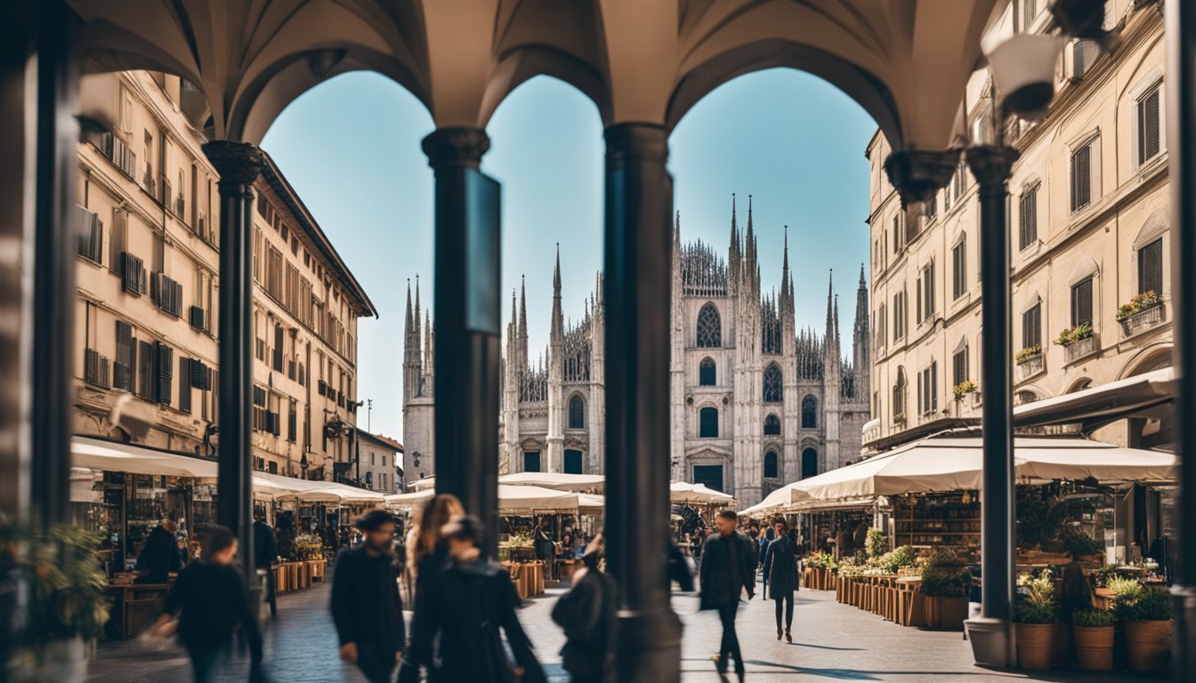 A bustling street lined with historic buildings, outdoor cafes, and stylish boutiques, with the iconic Duomo di Milano towering in the background