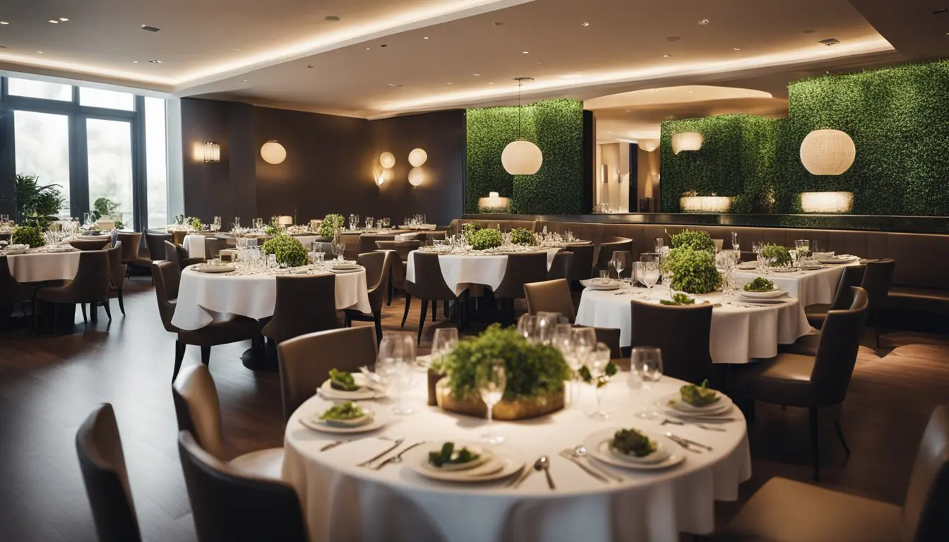 A bustling, elegant dining room filled with chic, modern decor. Plates of artfully presented vegan dishes are being served by attentive waitstaff